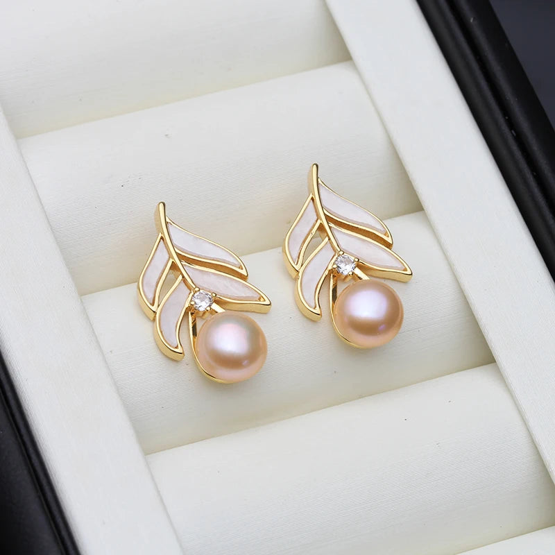 Geniune Natural Pearl Stud Earrings For Women,Vintage Gold Plated Freshwater Pearl Earrings