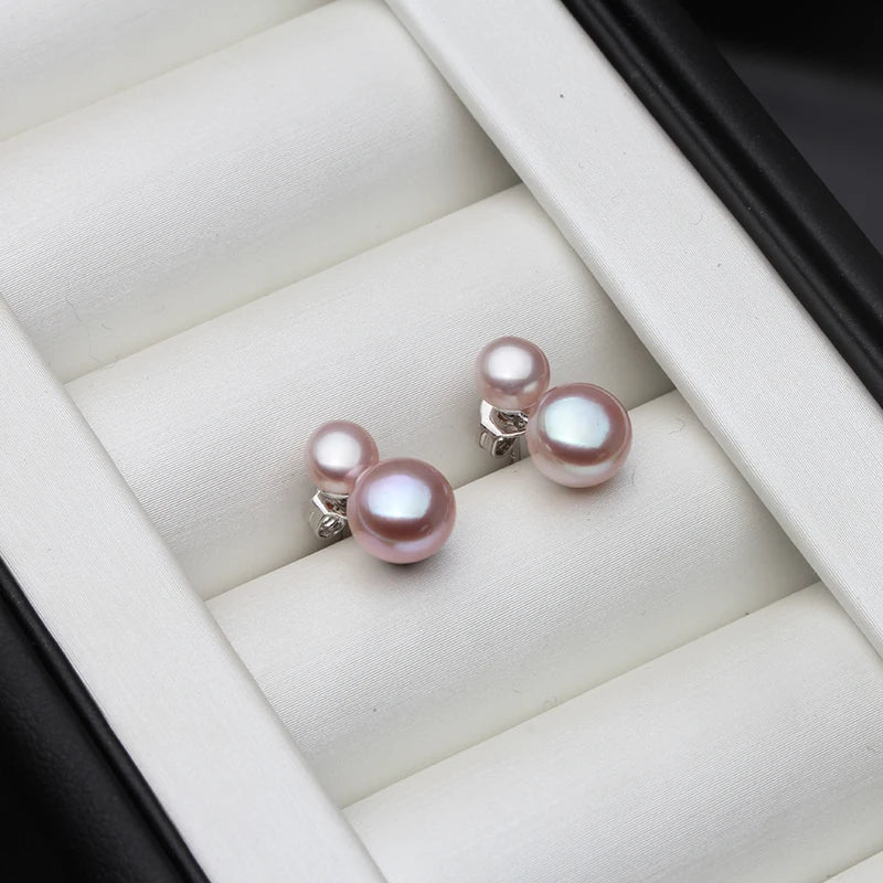 925 Sterling Silver Stud Earrings with Pearls,Small Natural Freshwater Double Pearl Earrings