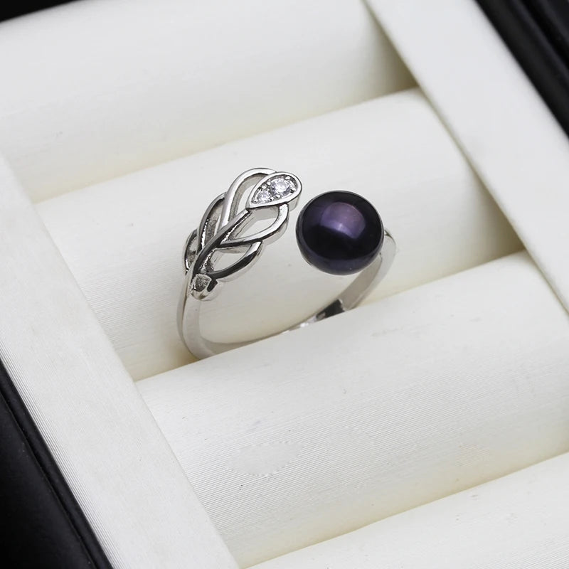 Freshwater 925 Silver Pearl Rings For Women,Natural Lady Pearl Open Ring Adjustable