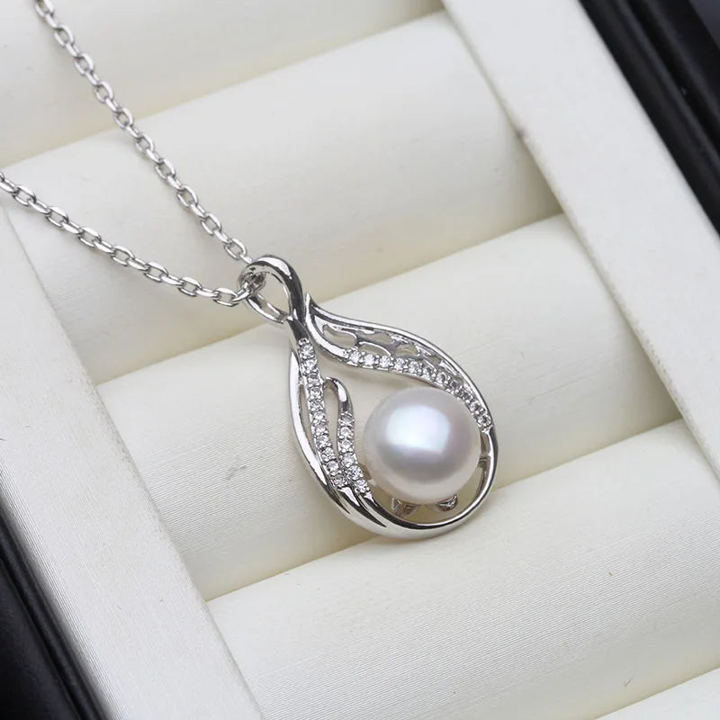 Real Natural Cultured Pearl Pendant Silver For Women,White Fresh water 925 Pearl Pendant