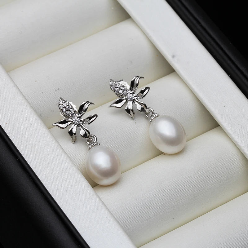 Black Natural Freshwater Dangle Pearl Earrings For Women,Trendy 925 Sterling Silver Earrings