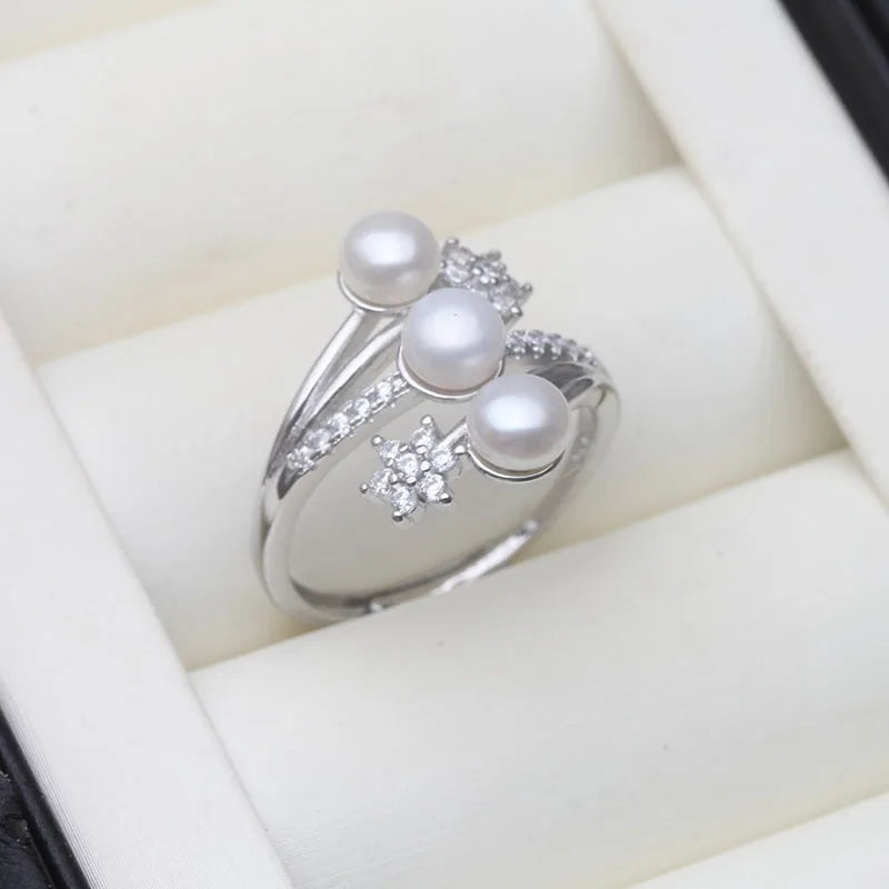 Real 925 Sterling Silver Pearl Ring Ladies Woman,White Natural Freshwater Adjustable Pearl Ring