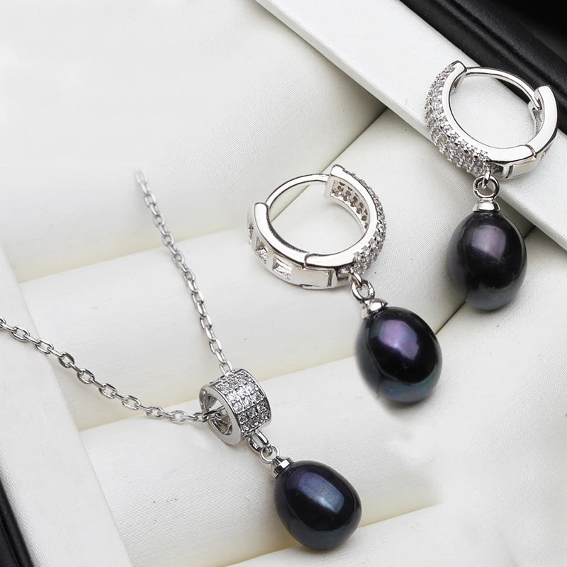 Natural Freshwater Pearl Necklace And Earrings Set trendy 925 Silver Pearl Jewelry Set