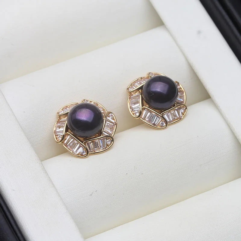 Beautiful Natural Freshwater Pink Pearl Earrings For Women,Cute Gold Plated Stud Earrings