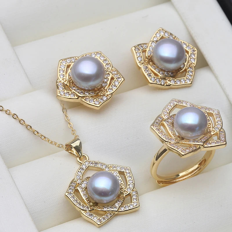 Real Natural Freshwater Pearl Necklace and Earring Set For Women,Gold Plated Pearl Jewelry Set