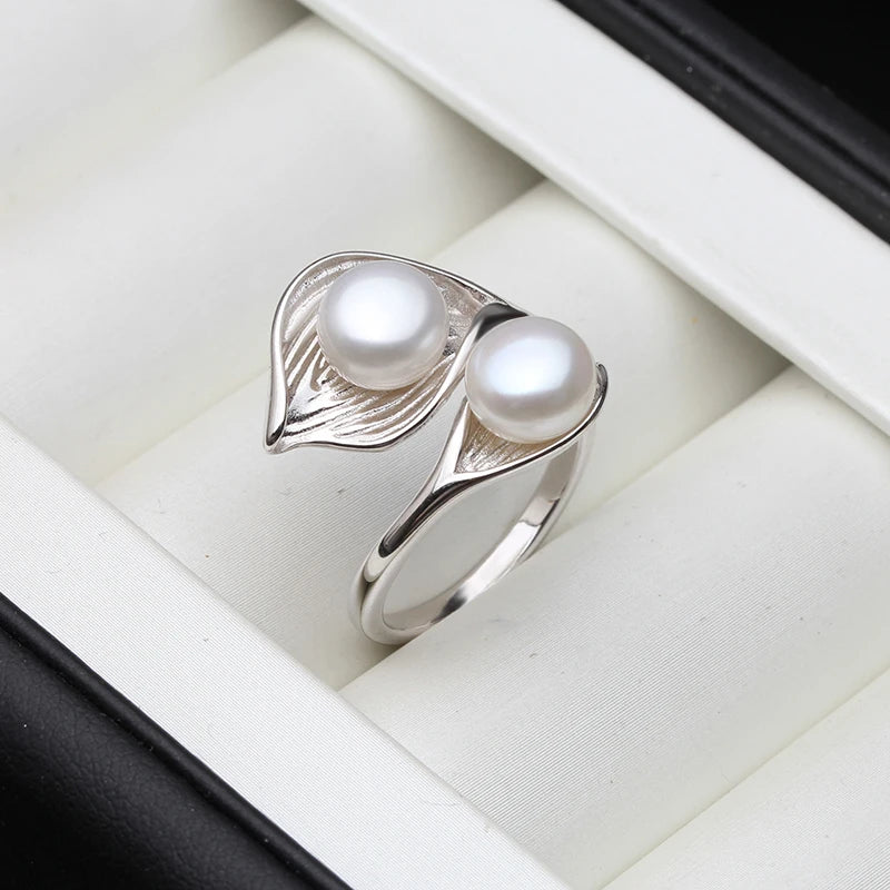 Real Natural Freshwater White Black Double Ring with Real Pearls,925 Silver Adjustable Pearl Rings