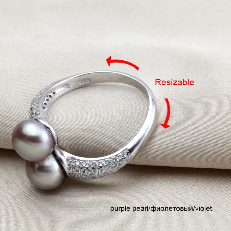 Real Natural Freshwater Black Double Pearl Ring,Exquisite 925 Sterling Silver Ring Fine Jewelry Adjustable