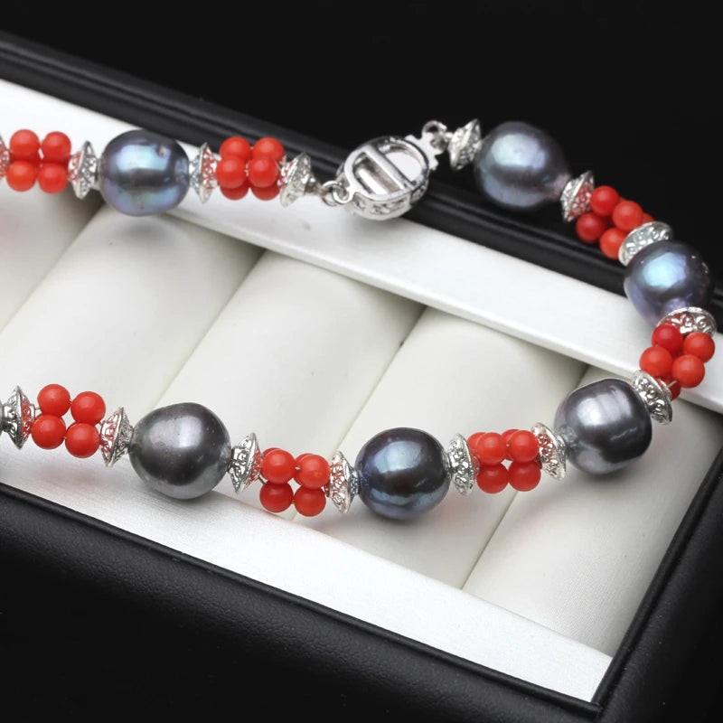Real Natural Freshwater Black Pearl Necklaces For Women,Wedding Red Stone PearL