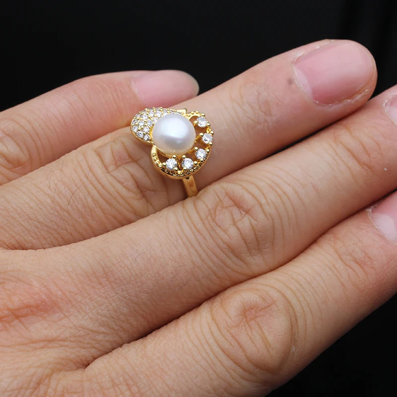 Real Natural Freshwater Pearl Rings Woman,Gold Plated Cultured Pearl Rings Adjustable