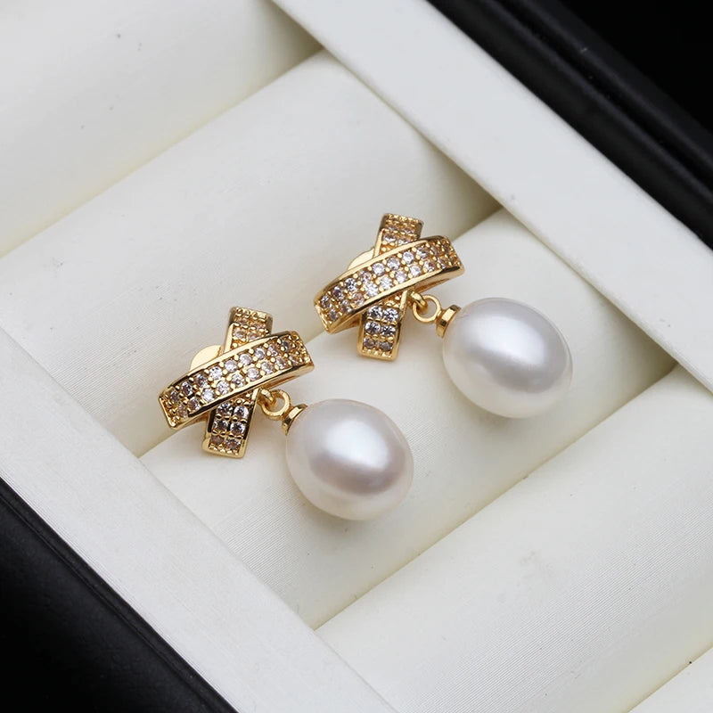 White Natural Pearl Woman Earrings, Fresh water Pearl Earrings Silver 925