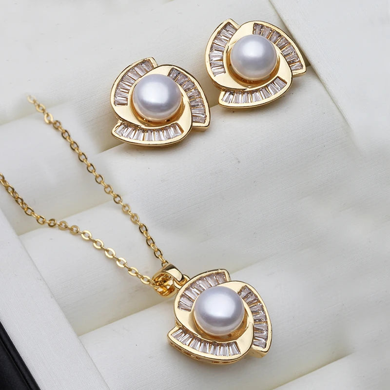 Real Natural Freshwater Set With Pearl Earrings And Necklace Woman,Gold Plated Pearl Set