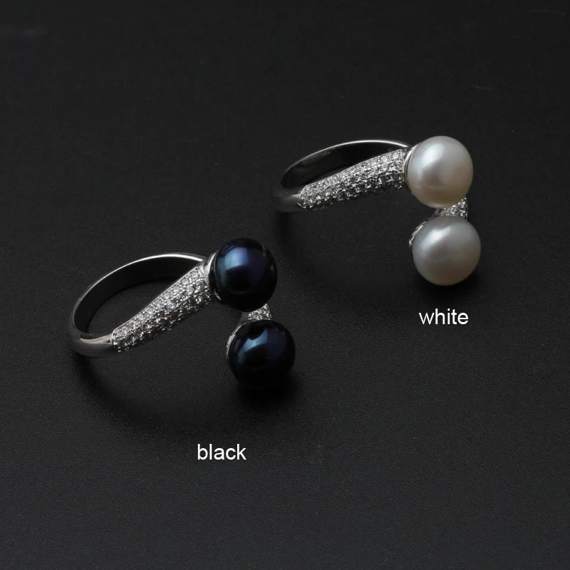 Real Double 925 Sterling Silver Pearl Rings Natural Freshwater Pearl Ring Adjustable