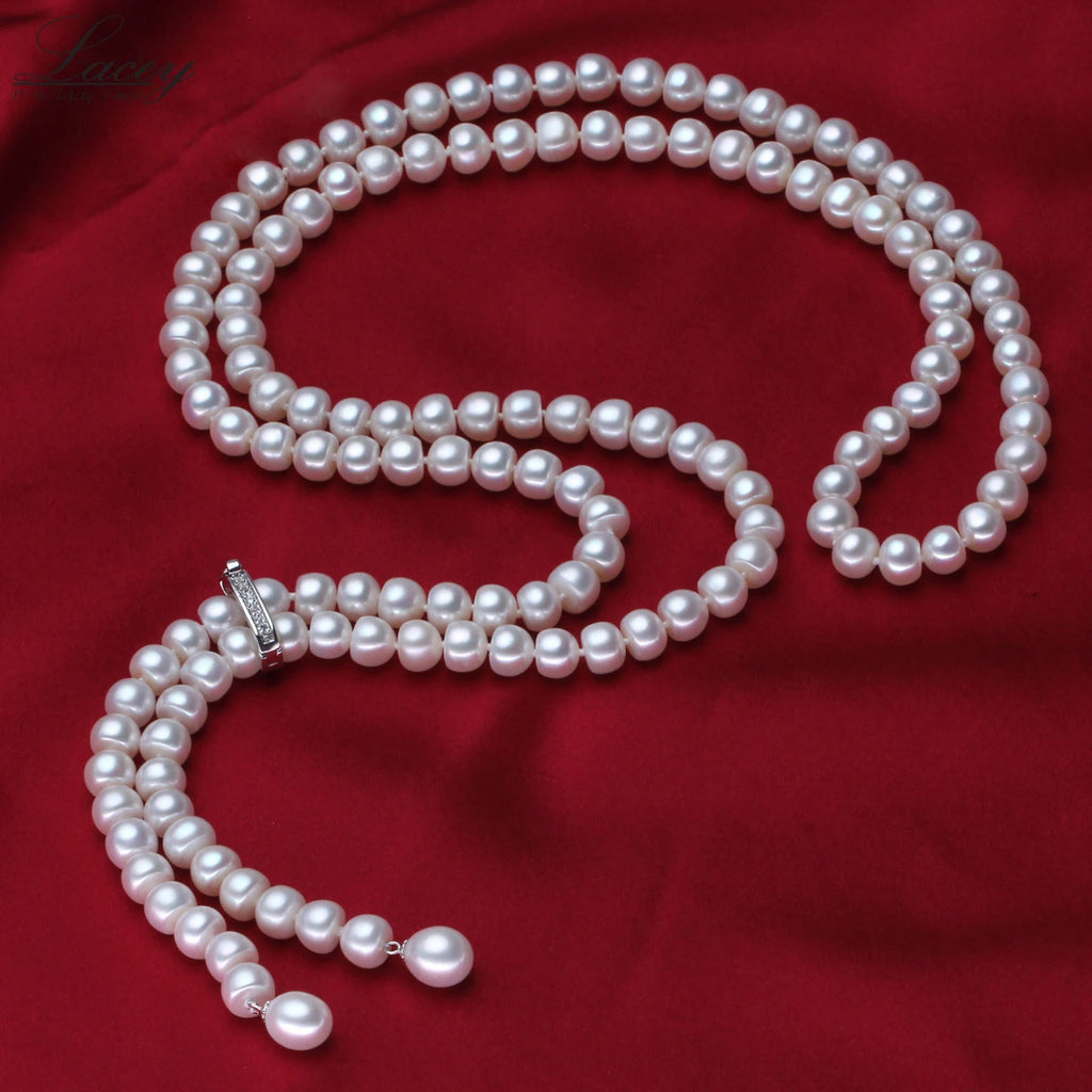900mm Tassel Fashion Long Pearl Necklace,White Natural Freshwater Pearl Beads Necklace 925 Silver Fine