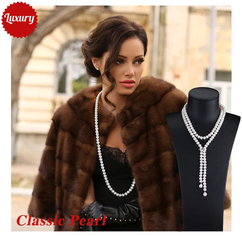 900mm Tassel Fashion Long Pearl Necklace,White Natural Freshwater Pearl Beads Necklace 925 Silver Fine