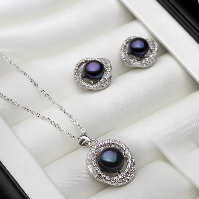 Real White Black Natural Pearl Necklace Earring Set  925 Sterling Silver Fine Jewelry