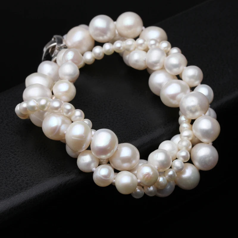 Mutilayer Natural Freshwater Pearl Bracelet Ladies Woman,925 Silver Real White Pearl Jewelry