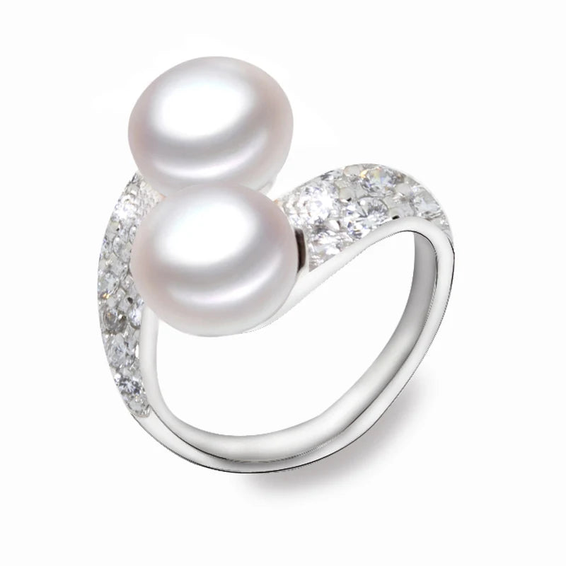 Real Double 925 Sterling Silver Pearl Rings Natural Freshwater Pearl Ring Adjustable