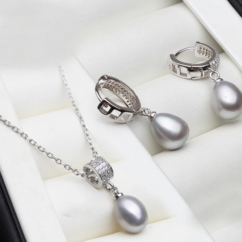 Natural Freshwater Pearl Necklace And Earrings Set trendy 925 Silver Pearl Jewelry Set