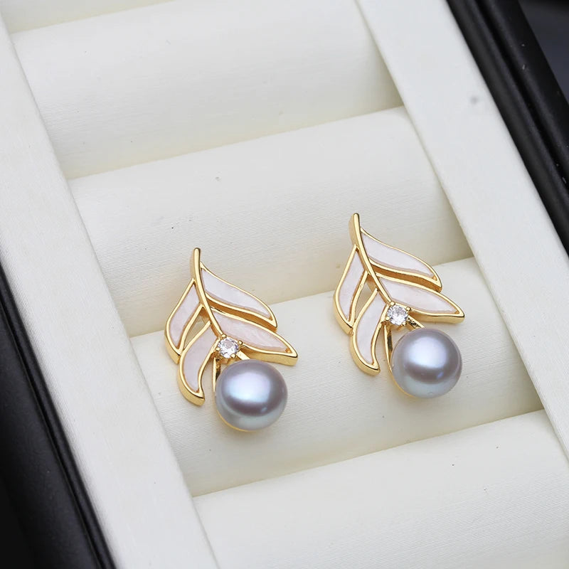 Geniune Natural Pearl Stud Earrings For Women,Vintage Gold Plated Freshwater Pearl Earrings
