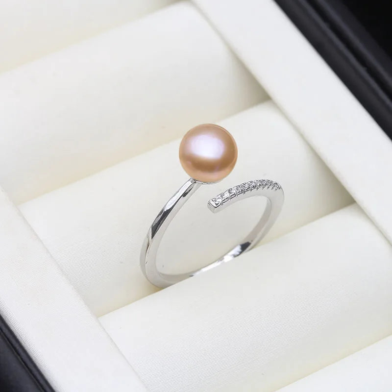 Real Freshwater Natural Black Pearl Rings,Vintage 925 Silver Adjustable Pearl Ring