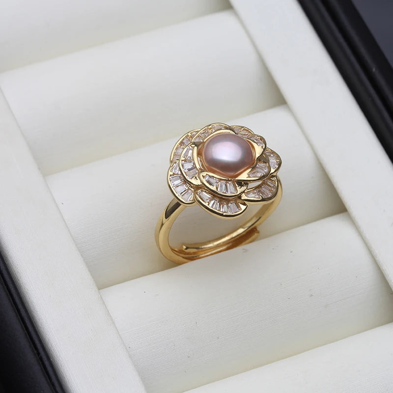 Natural Freshwater Ring with Real Pearls,White Adjustable Pearl Ring
