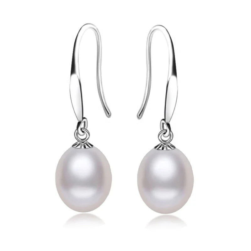 Real Natural Pearl Earrings ,925 Sterling Silver White Freshwater Pearl Drop Earrin