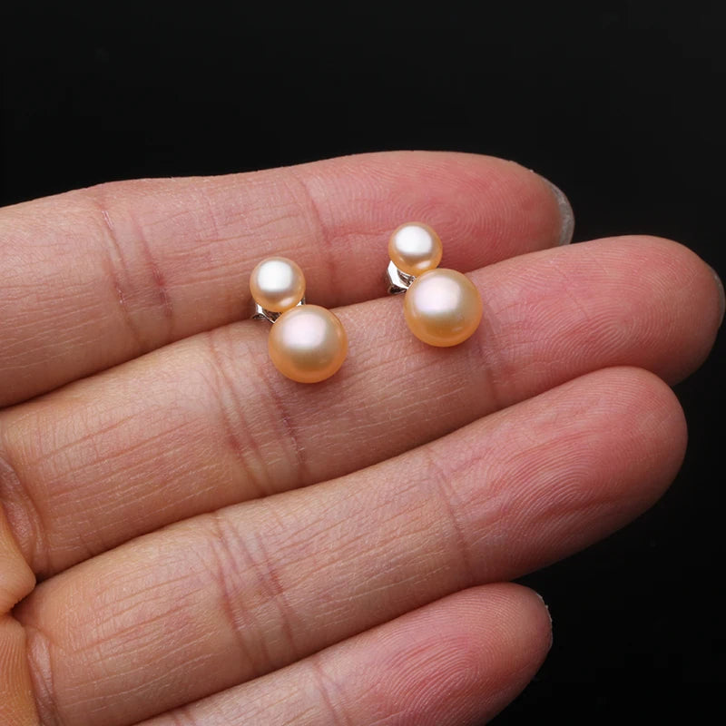 Real 925 Sterling Silver Earrings With Pearls Cute Small  Freswater Natural Double Pearl Earring