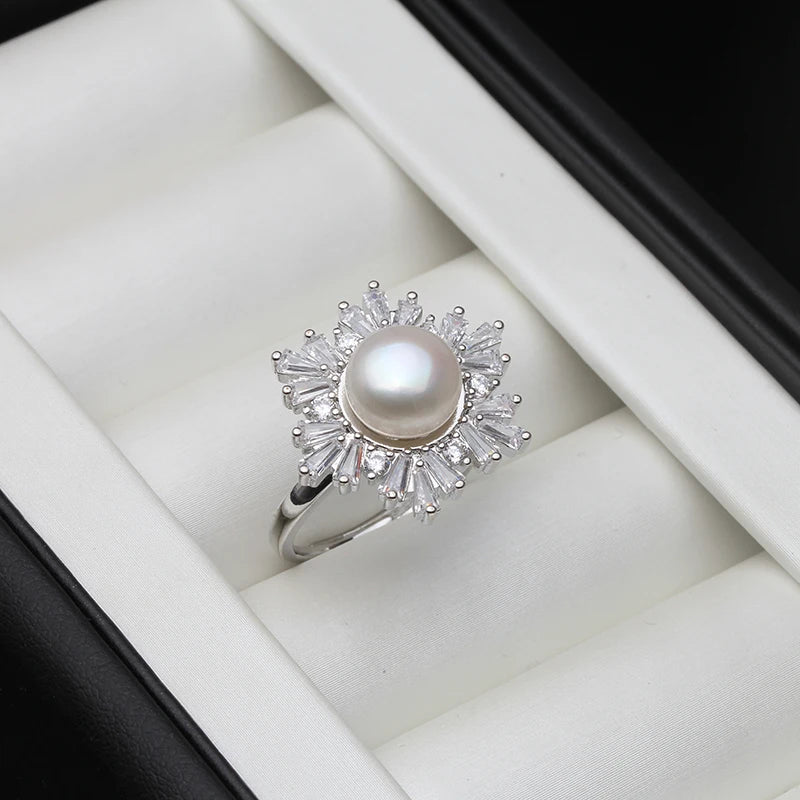 Real Silver 925 Pearl Ring Adjustable White Freshwater Pearl Ring