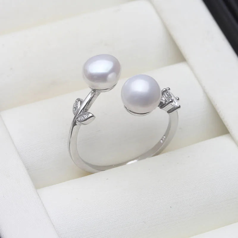 Real 925 Sterling Silver Pearl Ring Double Ladies Woman,White Natural Freshwater Adjustabl