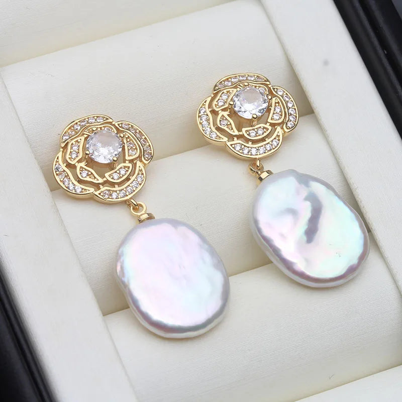 Genuine Baroque Big Pearl Earrings  Silver 925 Earring with Natural Pearl
