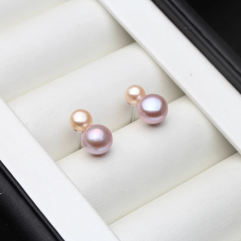 Real 925 Sterling Silver Earrings With Pearls Cute Small  Freswater Natural Double Pearl Earring