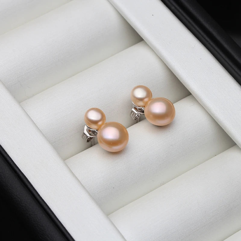 925 Sterling Silver Stud Earrings with Pearls,Small Natural Freshwater Double Pearl Earrings