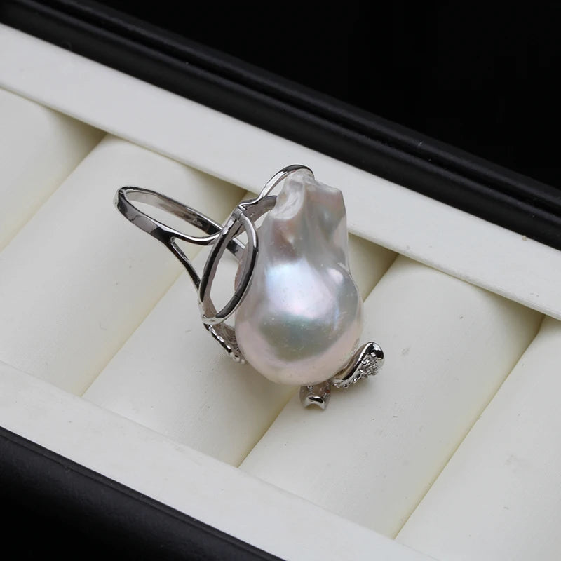 Real Freshwater Natural Baroque Large Pearl Ring Adjustable Pearl Ring