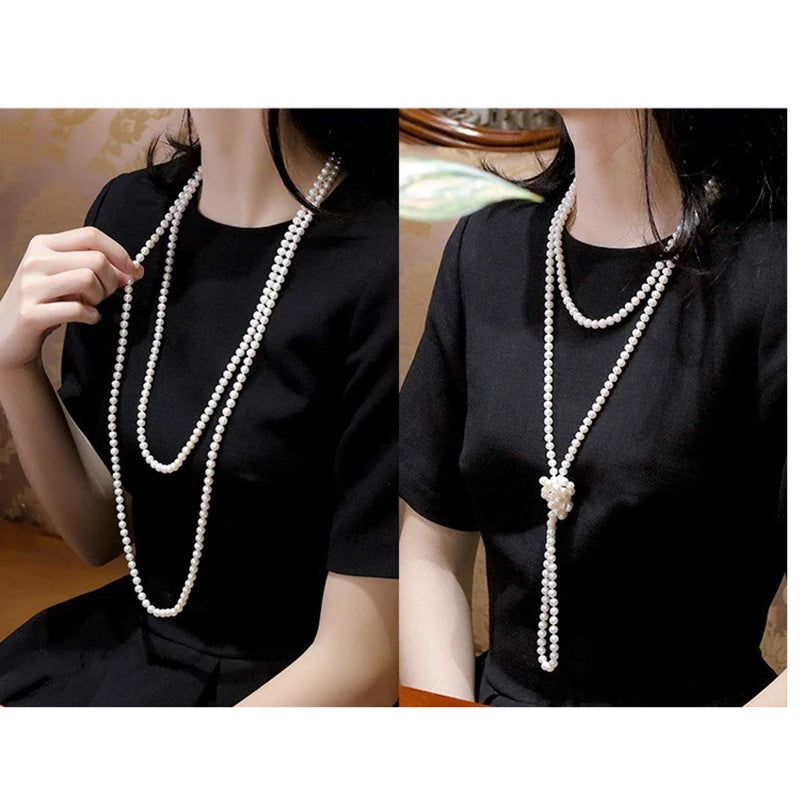 Pearl Necklace Long Woman,Vintage Round Natural Freshwater Pearl Sweat Necklace