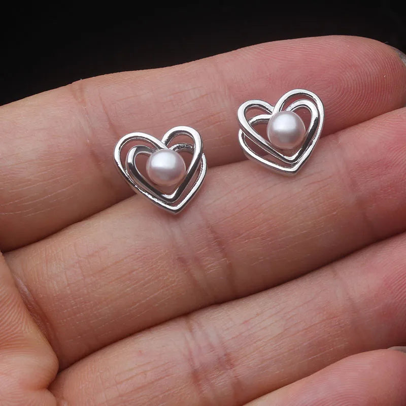 Genuine Silver 925 Pearl Heart Earrings,White Natural Fresh Water Mini Pearl Earrings Jewelry
