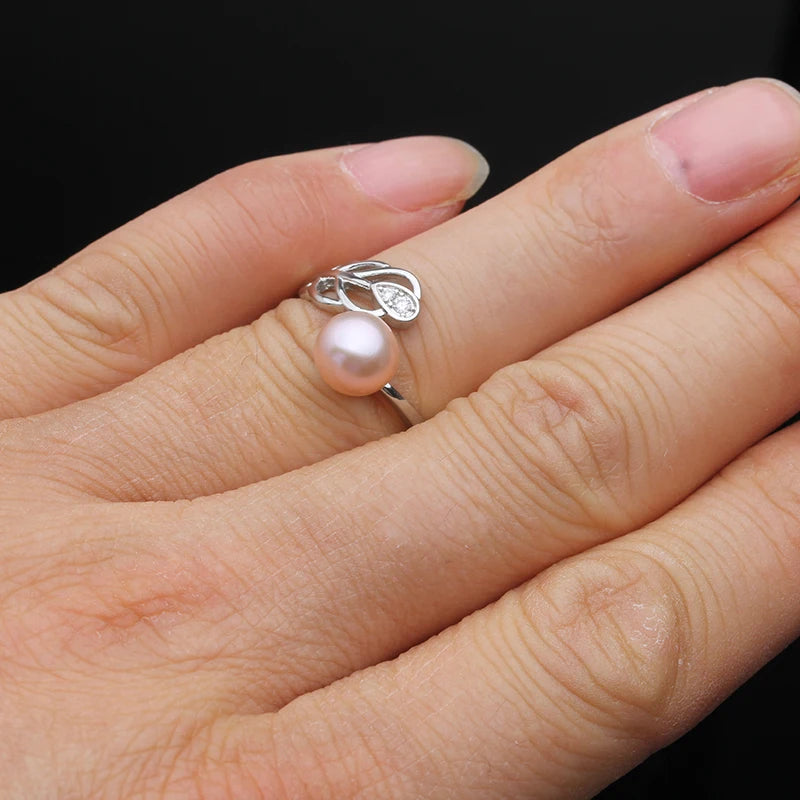 Freshwater 925 Silver Pearl Rings For Women,Natural Lady Pearl Open Ring Adjustable