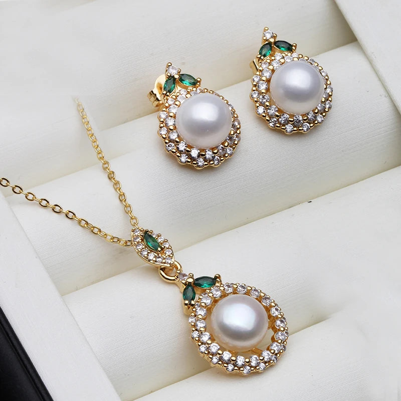 18K Gold Plated Jewelry Set With Pearl Earrings And Necklace