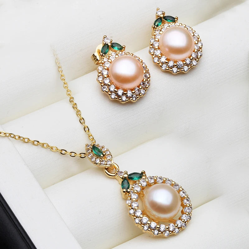 18K Gold Plated Jewelry Set With Pearl Earrings And Necklace