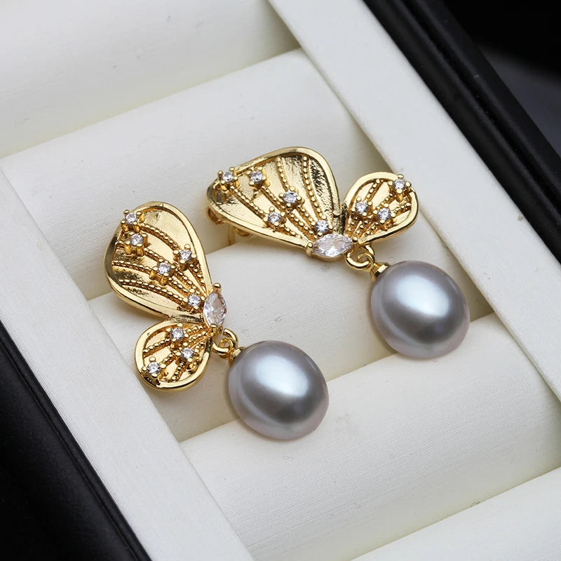 Genuine Freshwater Black Pearl Earrings Woman,Bridal Natural Hanging Pearl Butterfly Earrings