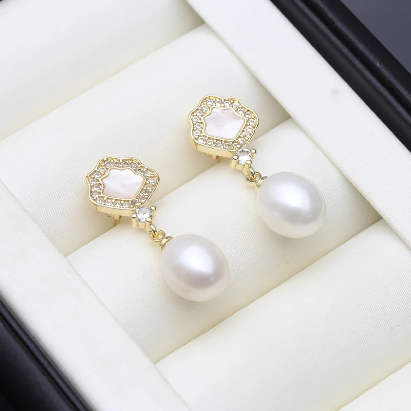 Real Natural Freshwater White Pearl Earrings Jewlery  925 Silver Stud Earrings