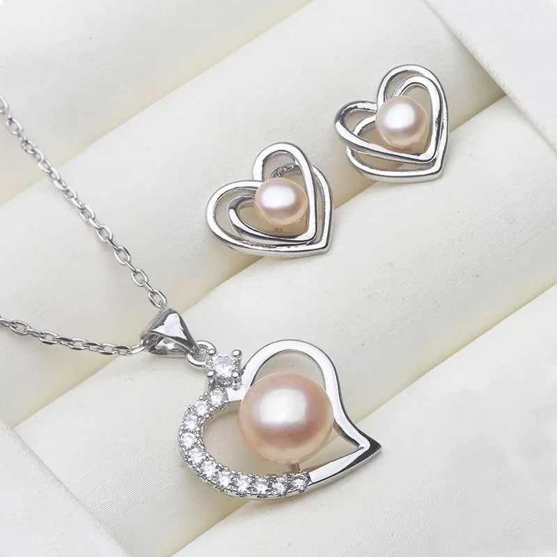 Real 925 Silver Natural Freshwater Pearl Stud Earring Set Woman,Cute Set With Pearl Earrings And Necklace Wife Mother Gift White