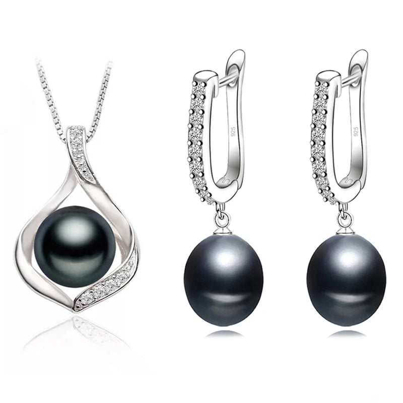 Real Natural Freshwater Pearl Necklace and Earrings Set For Women,Cute 925 Sterling Silver