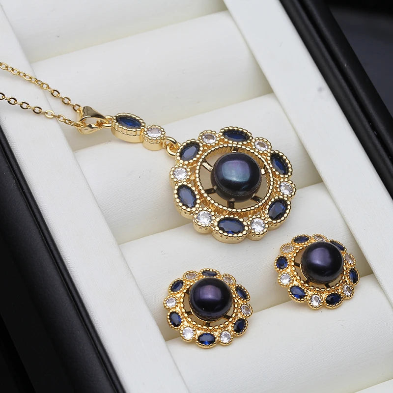 Natural Freshwater Pearl Necklace and Earrings Set For Women,Gold Plated Pearl Jewelry Set