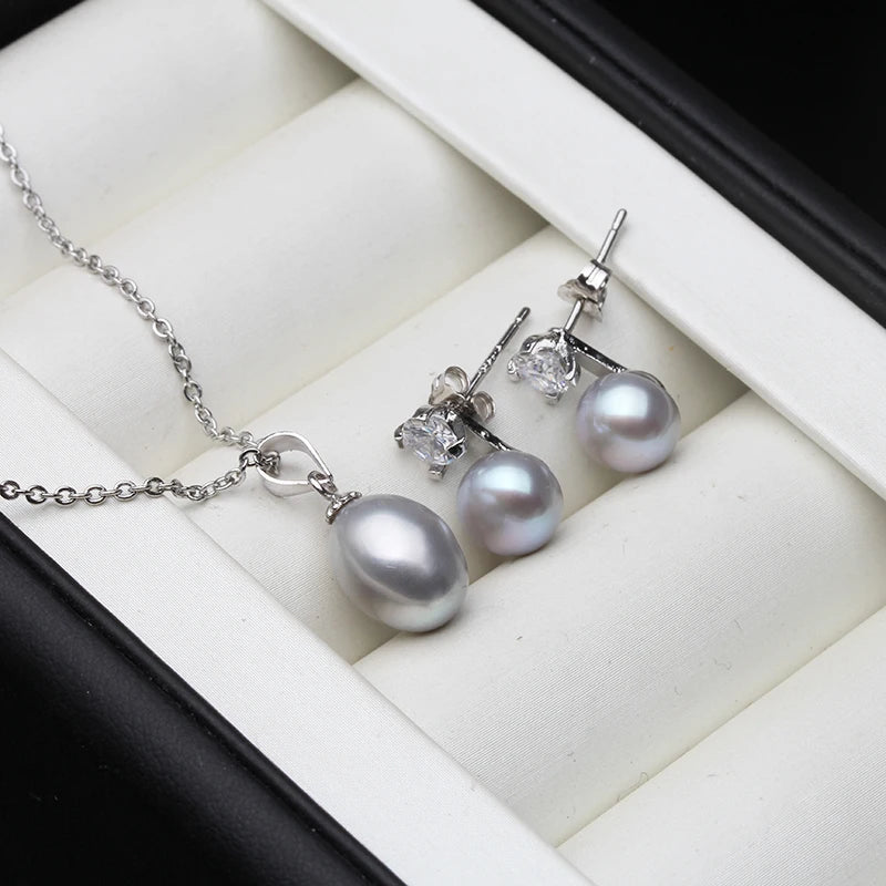 925 Silver Freshwater Pearl Necklace Earring Set Real Natural Pearl Set
