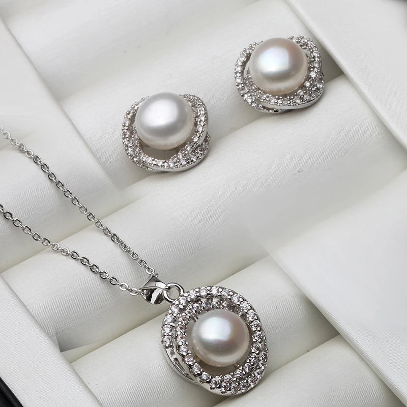 Real White Black Natural Pearl Necklace Earring Set  925 Sterling Silver Fine Jewelry
