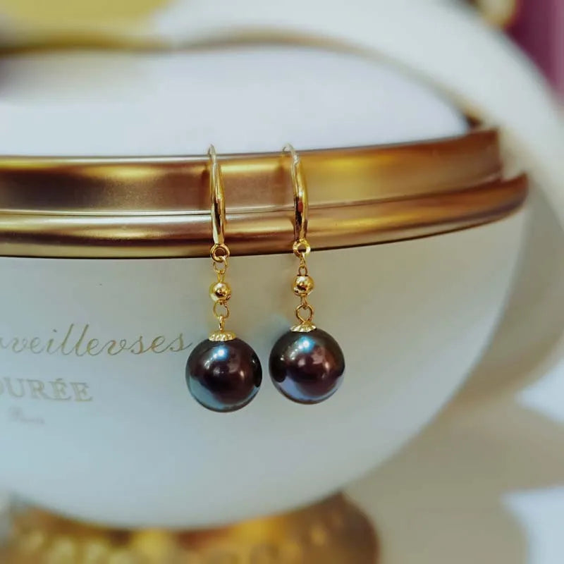 Real 18K Gold Tahitian Pearl Earrings For Women,Wedding Natural Sea Black Pearl Gold Earrings