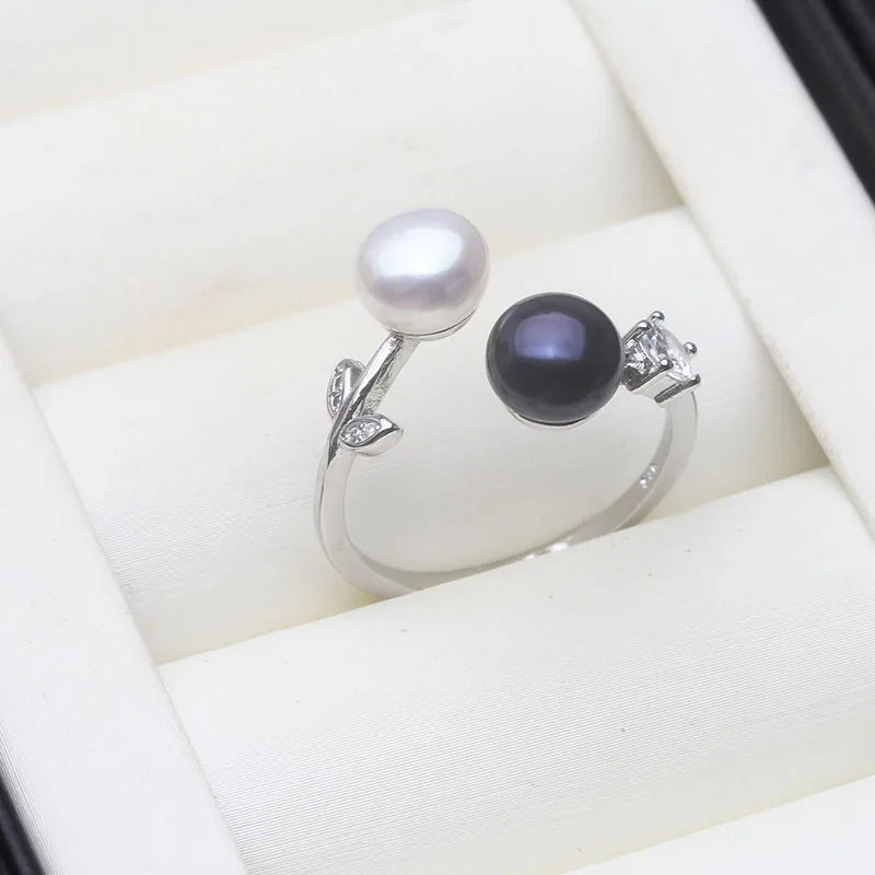 Real 925 Sterling Silver Pearl Ring Double Ladies Woman,White Natural Freshwater Adjustabl