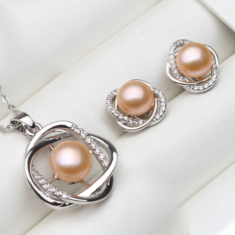 Real 925 Sterling Silver Necklace Earring Sets ,Classic Natural Pearl Pendant Sets