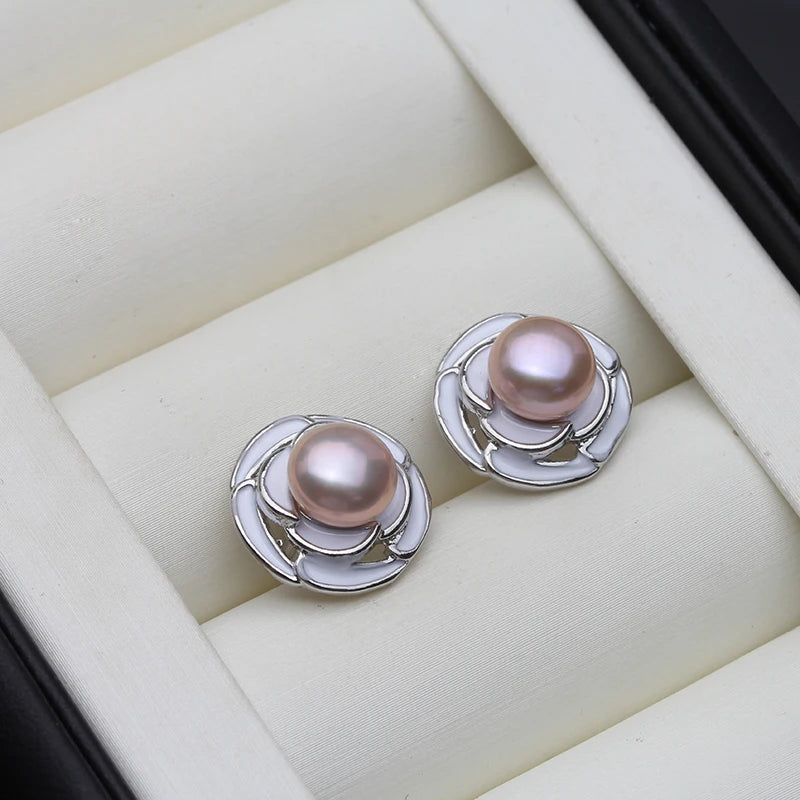 Genuine Silver 925 Stud Earrings Pearl,Cute Fresh water Natural Pearl Earrings Jewelry Wife Girls Birthday Gift White Black