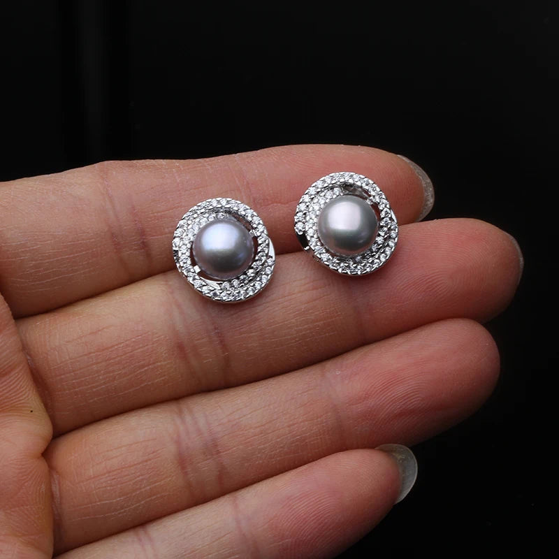 Real Natural Freshwater Gray Flat Pearl Earring For Women,Bridal 925 Sterling Silver Stud Earrings